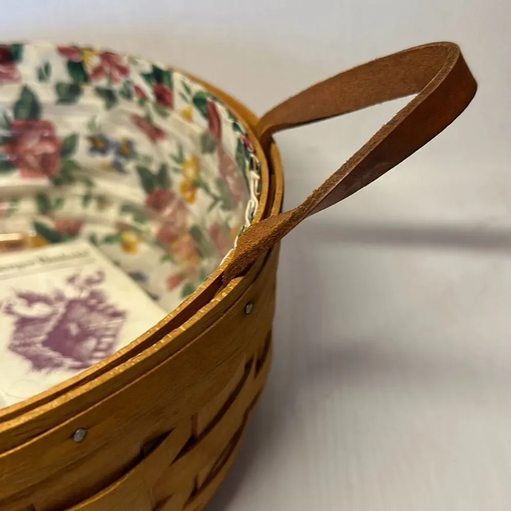Longaberger Vintage Darning 1995 Round Basket‎ Leather Handles Floral Liner